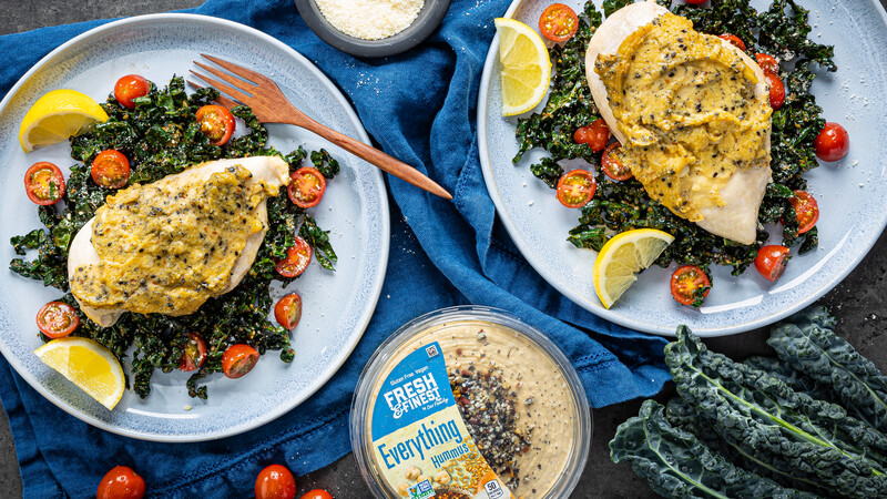 Everything Hummus-Crusted Chicken & Kale Salad